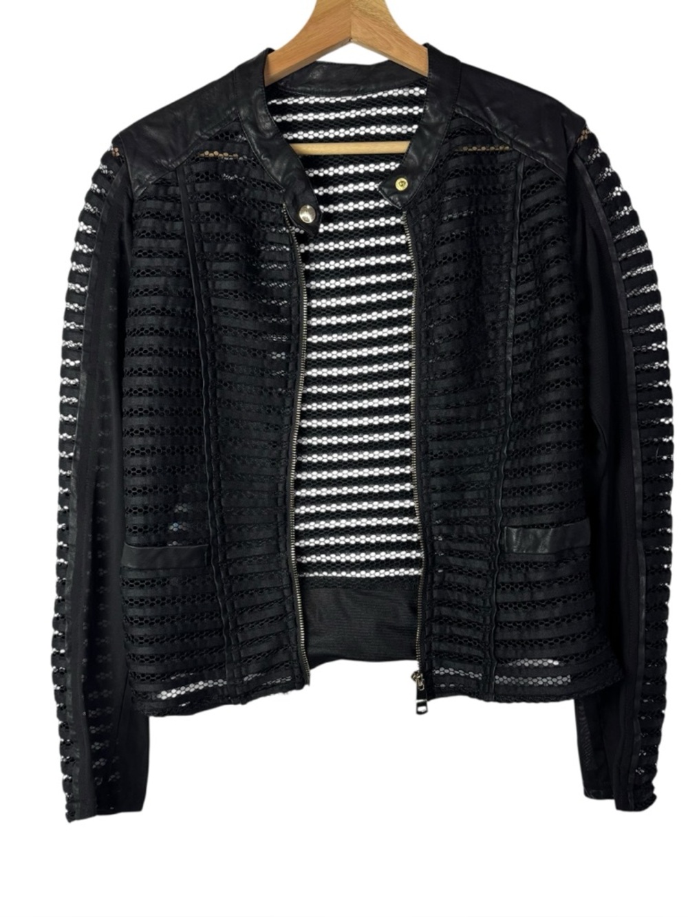 Kate & Mallory Black Mesh & Faux Leather Mixed Media Shell Bomber Jacket S
